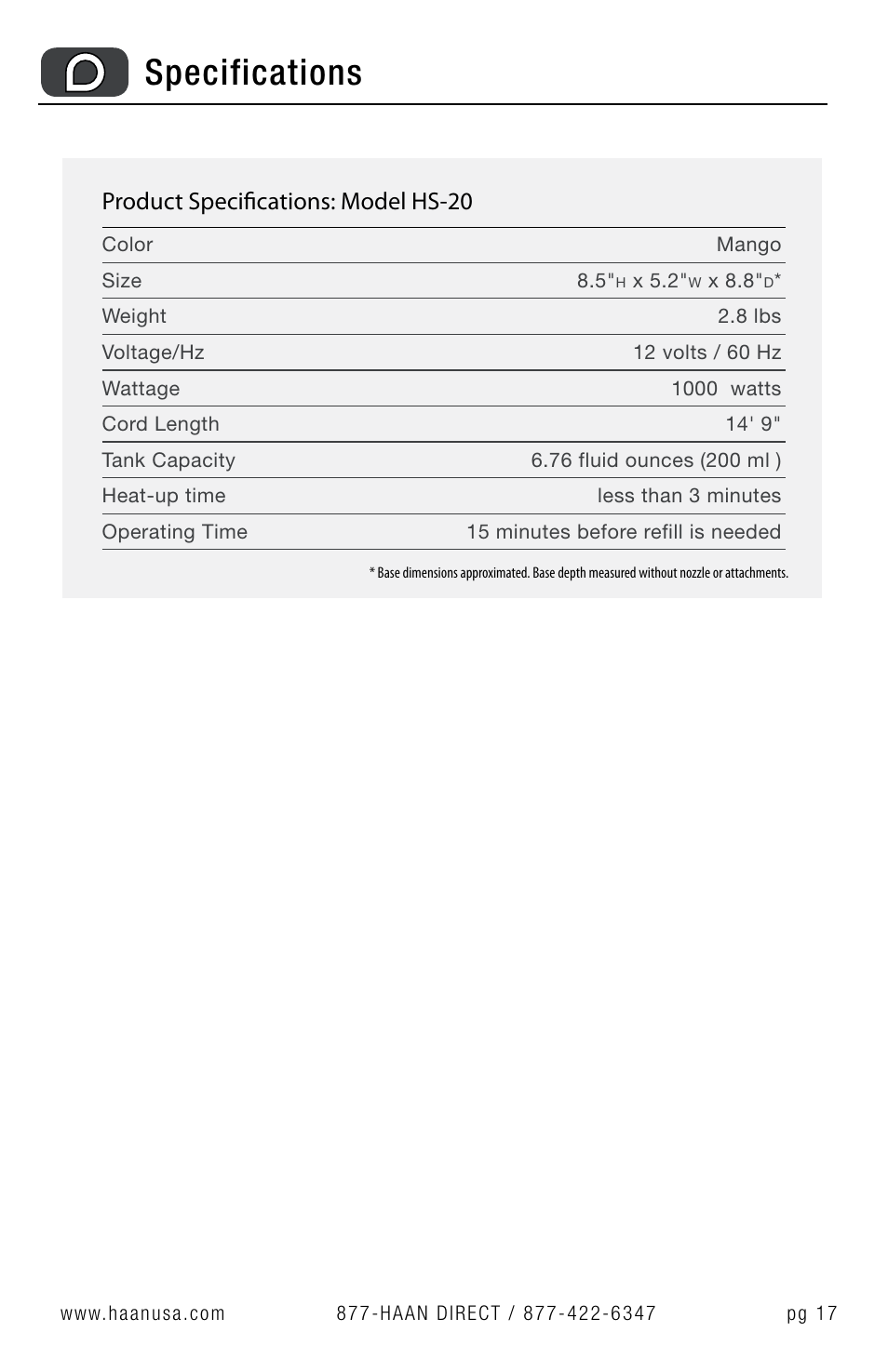 Specifications, Product specifications: model hs-20 | Haan Sanitizing Steam Cleaner HS-20 User Manual | Page 17 / 21