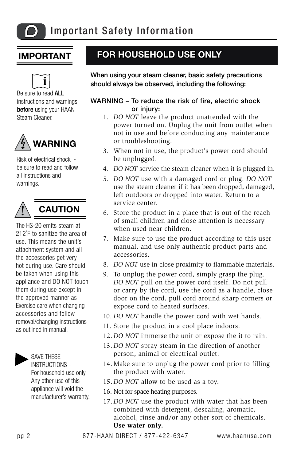 Important safety information, For household use only, Important | Caution, Warning | Haan Sanitizing Steam Cleaner HS-20 User Manual | Page 4 / 21