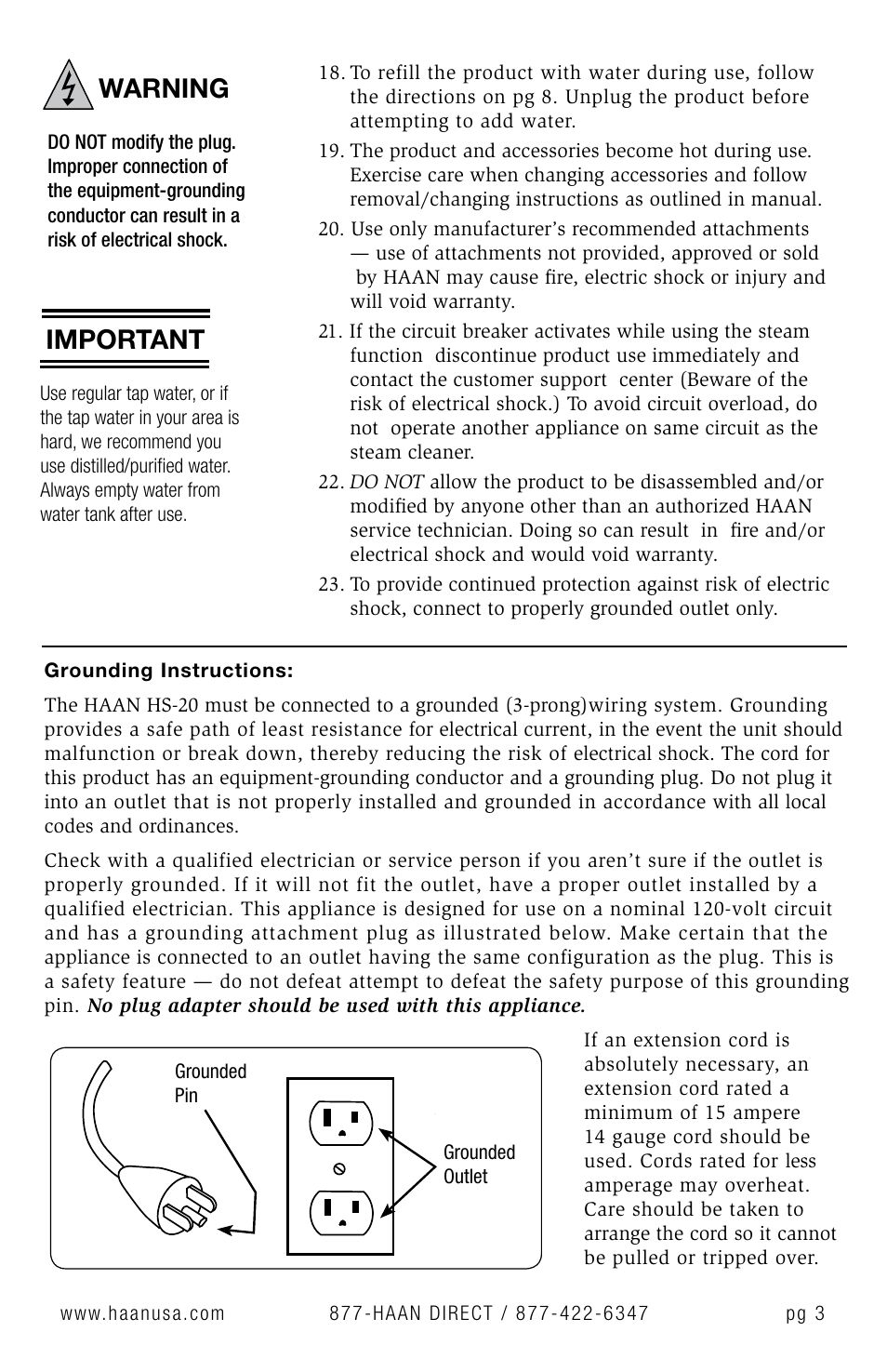 Warning, Important | Haan Sanitizing Steam Cleaner HS-20 User Manual | Page 5 / 21