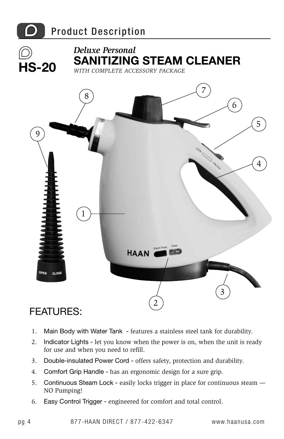 Hs-20, Sanitizing steam cleaner, Product description | Features | Haan Sanitizing Steam Cleaner HS-20 User Manual | Page 6 / 21