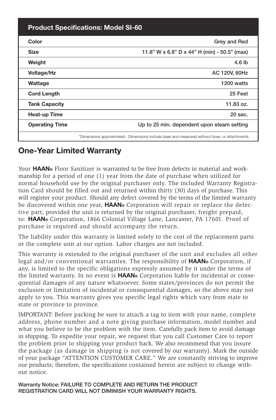 One-year limited warranty, Product specifications: model si-60 | Haan SELECT SI-60 User Manual | Page 16 / 18