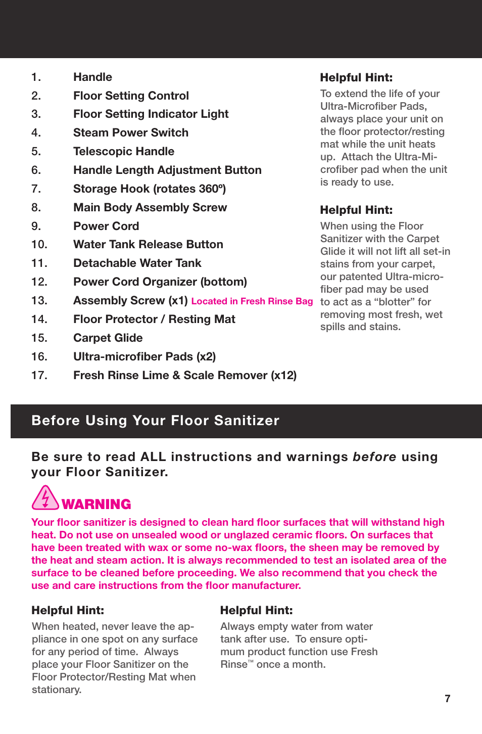 Before using your floor sanitizer, Warning | Haan SELECT SI-60 User Manual | Page 9 / 18