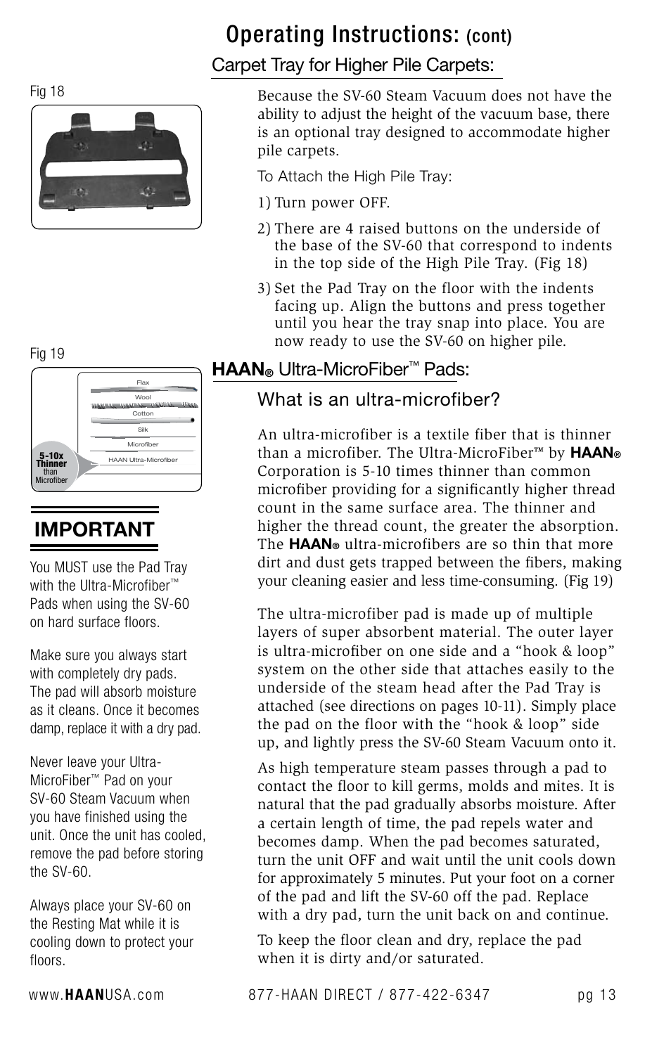 Operating instructions, Important, Carpet tray for higher pile carpets | Haan, Ultra-microfiber, Pads: what is an ultra-microfiber, Cont) | Haan SV-60 User Manual | Page 15 / 31