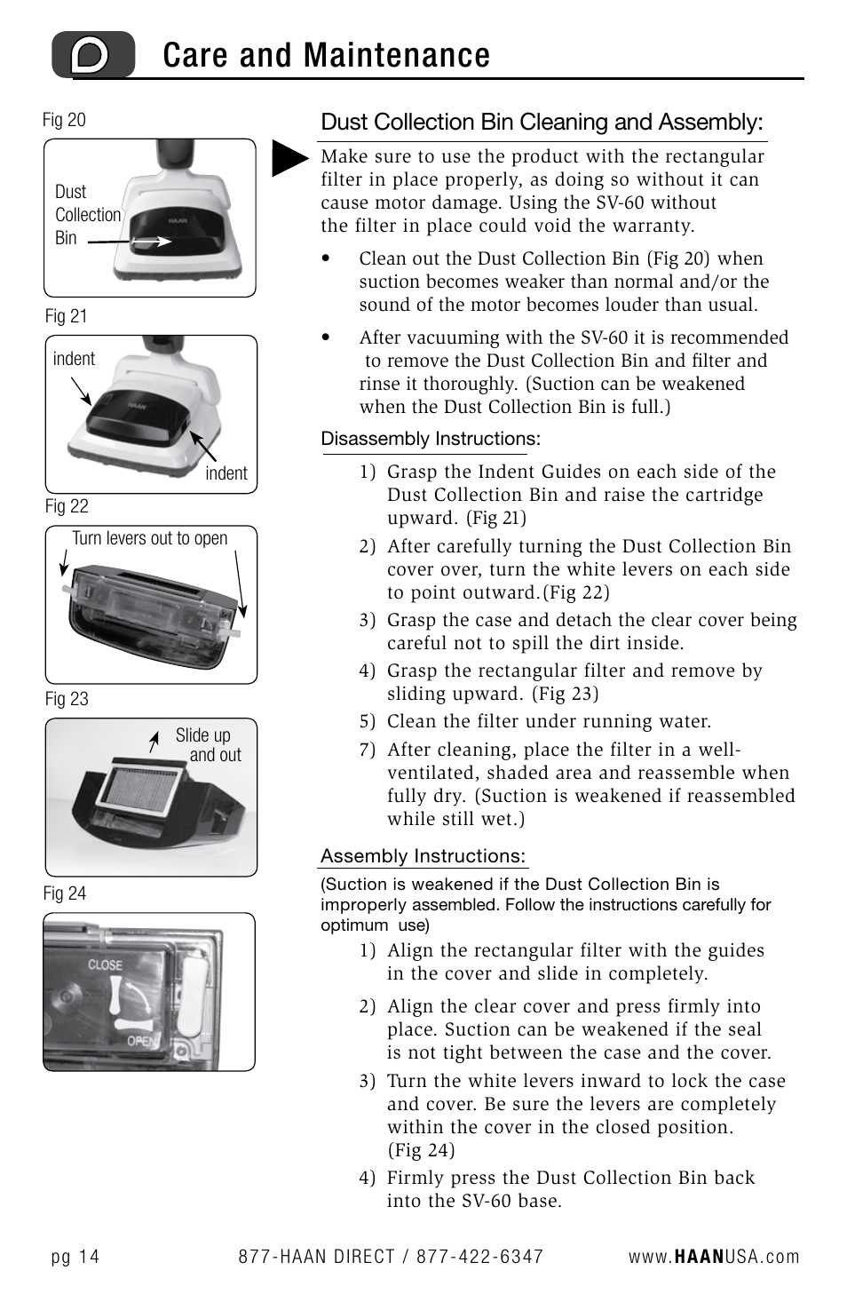 Care and maintenance, Dust collection bin cleaning and assembly | Haan SV-60 User Manual | Page 16 / 31