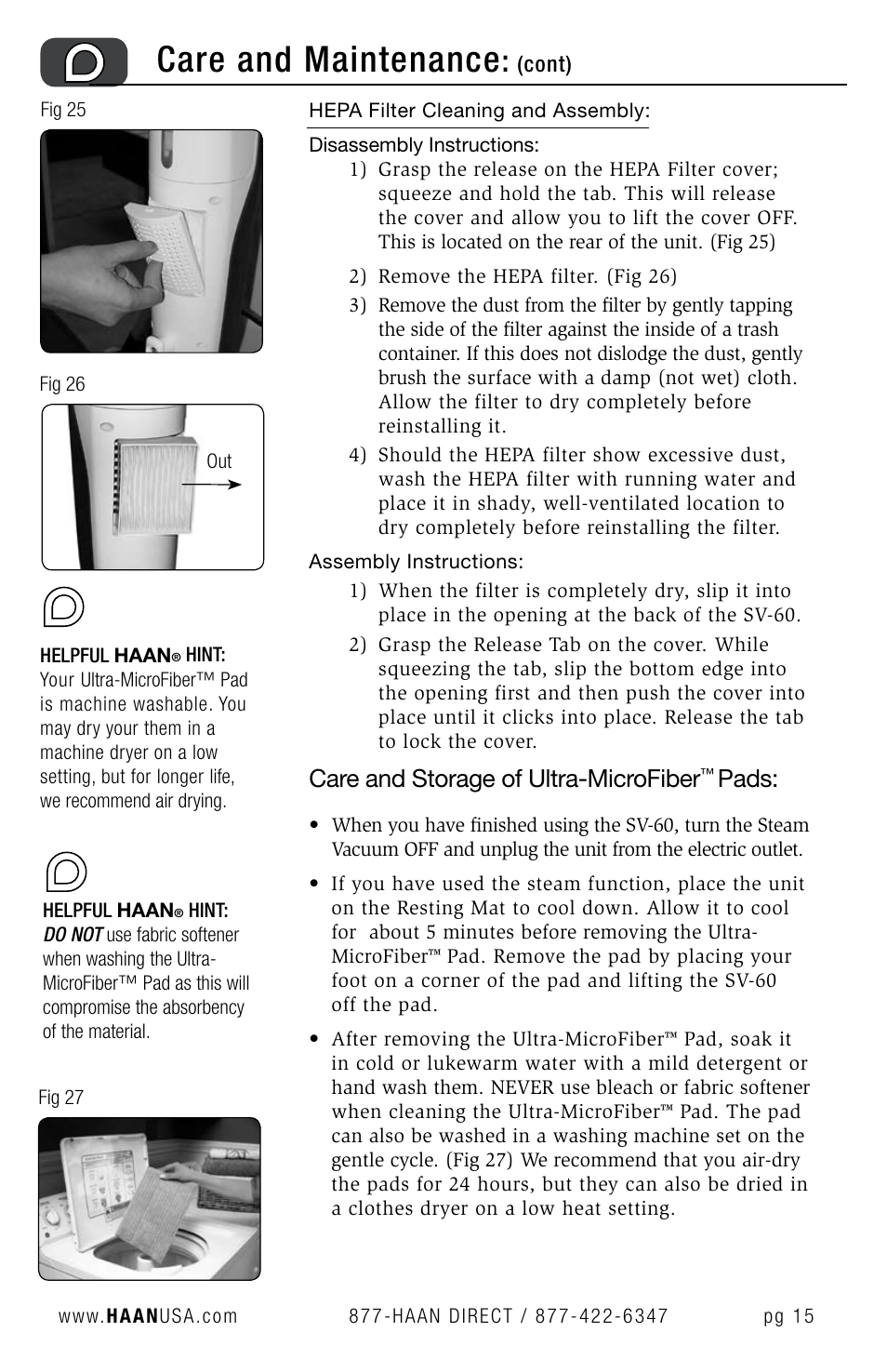 Care and maintenance, Care and storage of ultra-microfiber, Pads | Haan SV-60 User Manual | Page 17 / 31