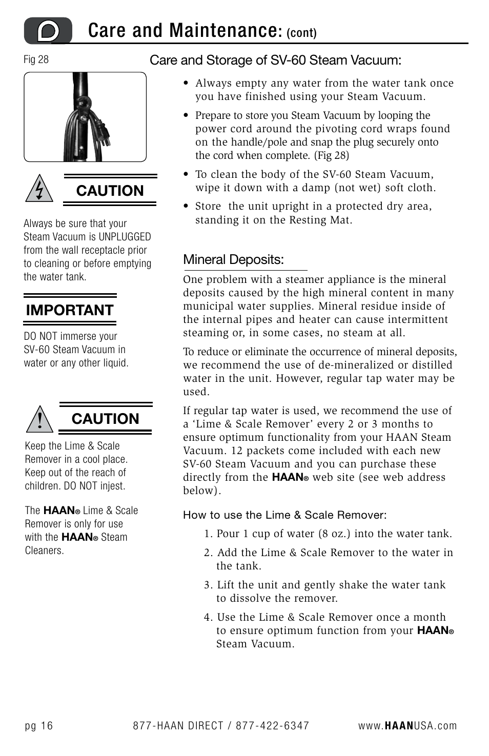 Care and maintenance, Caution, Important | Care and storage of sv-60 steam vacuum, Mineral deposits | Haan SV-60 User Manual | Page 18 / 31