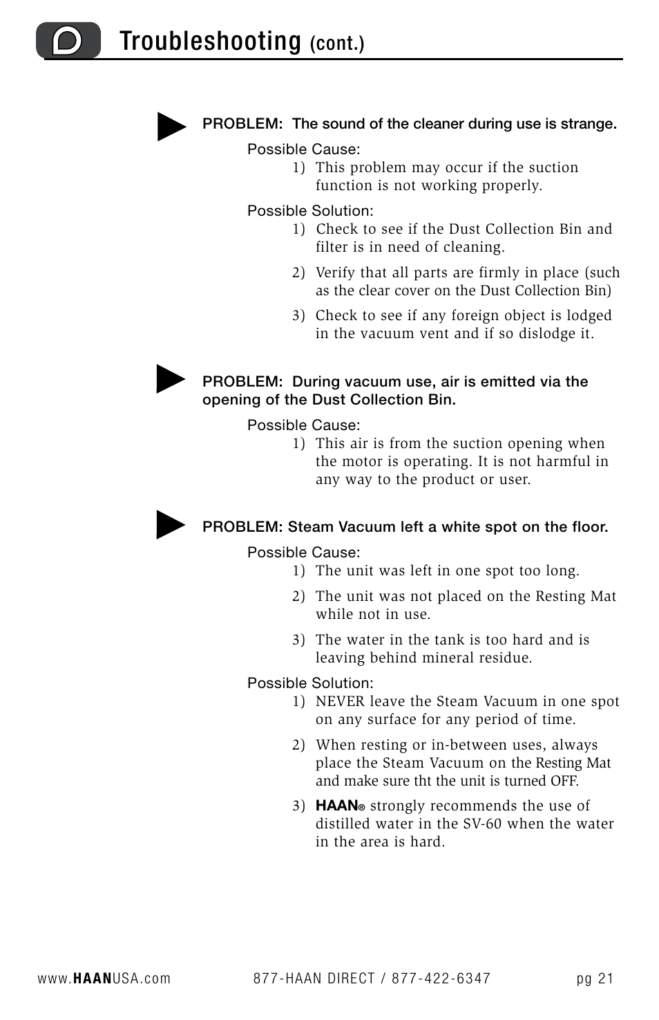 Troubleshooting, Cont.) | Haan SV-60 User Manual | Page 23 / 31