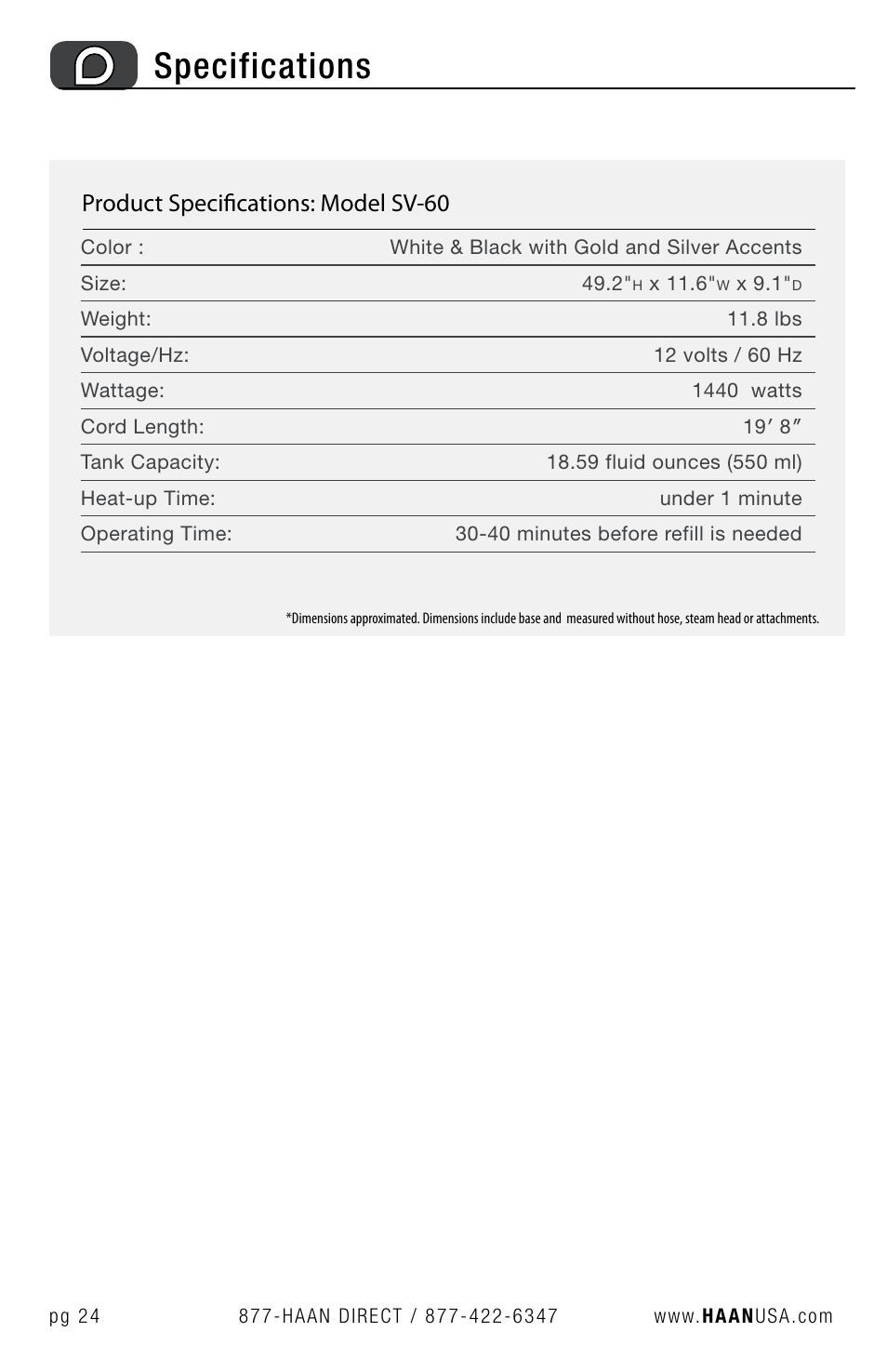 Specifications, Product specifications: model sv-60 | Haan SV-60 User Manual | Page 26 / 31