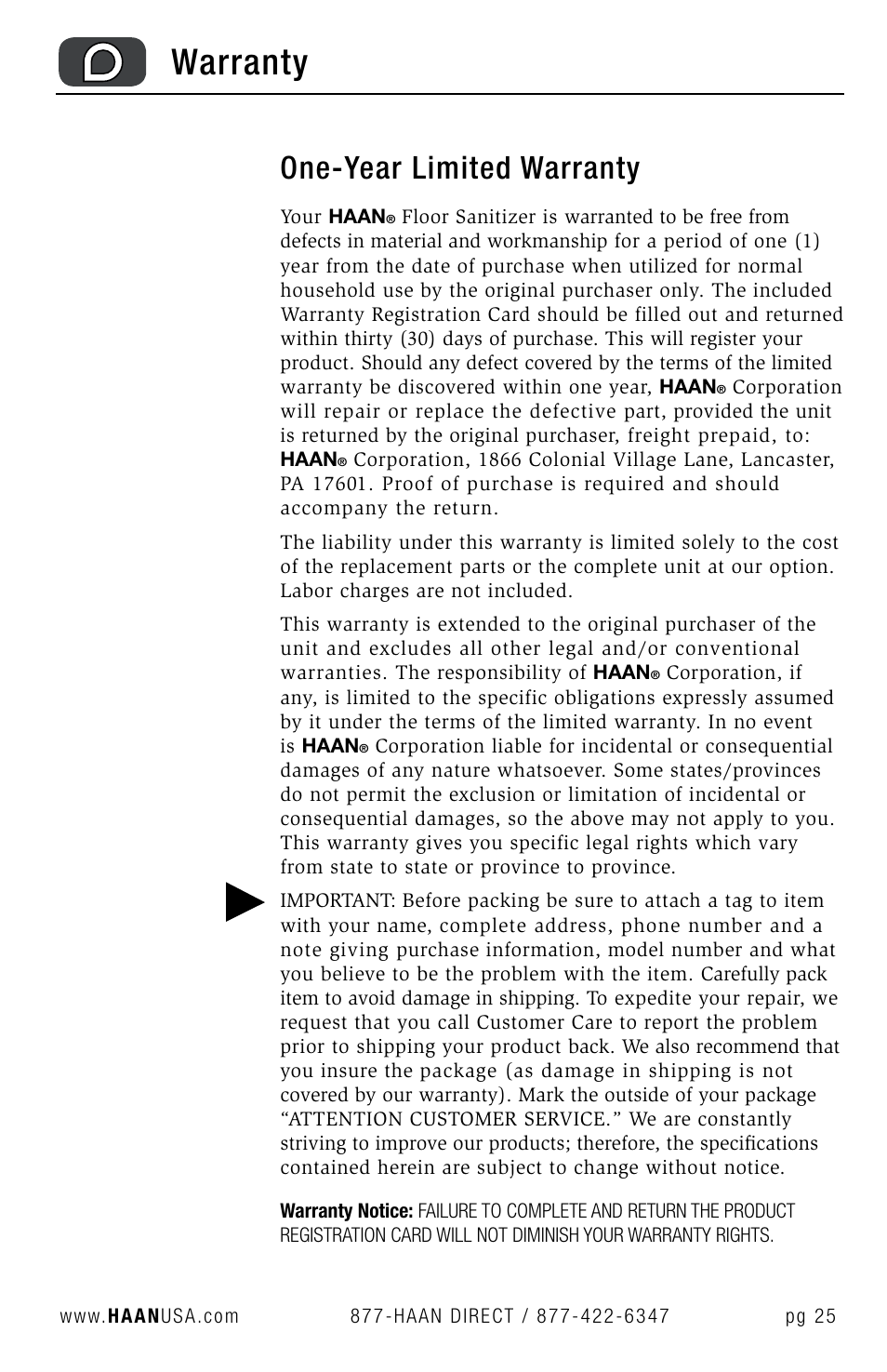 Warranty, One-year limited warranty | Haan SV-60 User Manual | Page 27 / 31