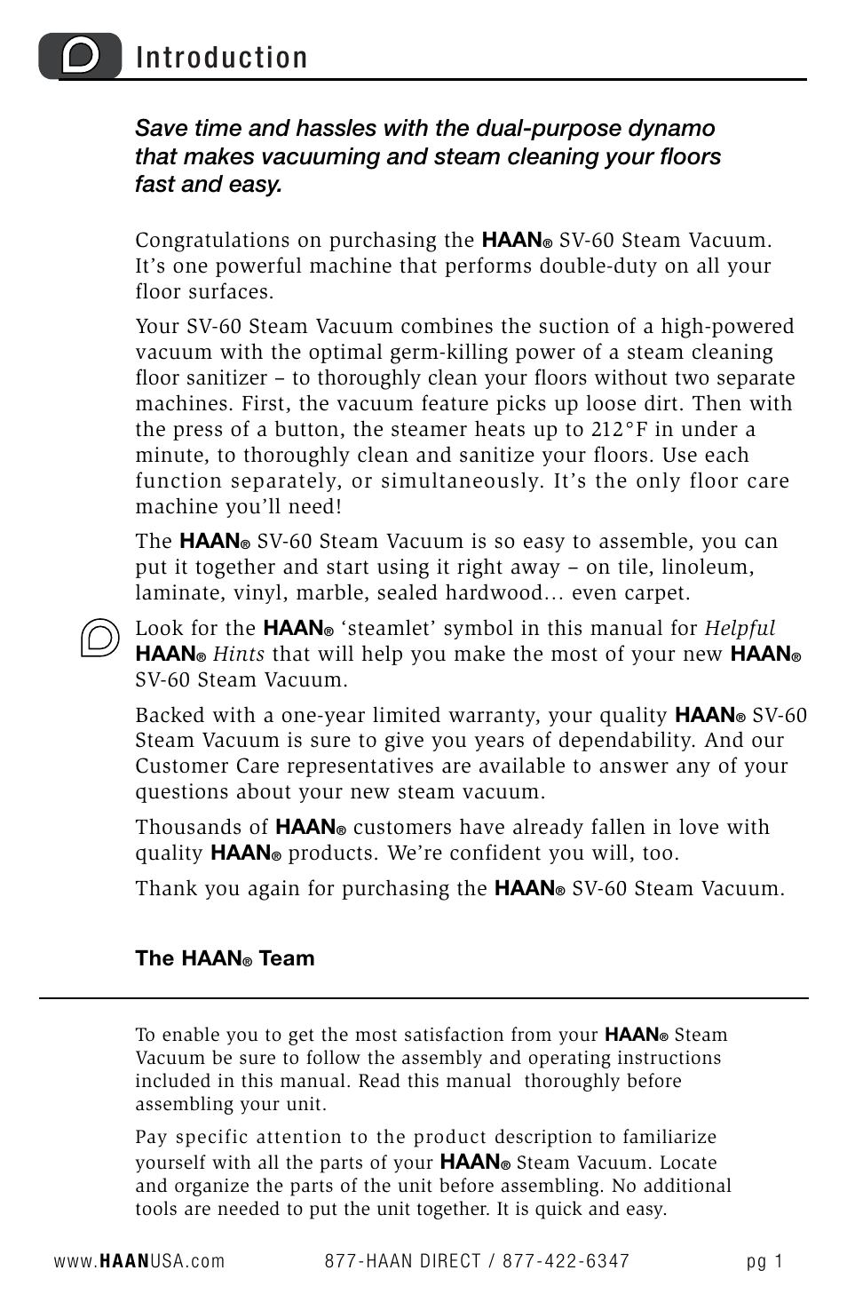 Introduction | Haan SV-60 User Manual | Page 3 / 31