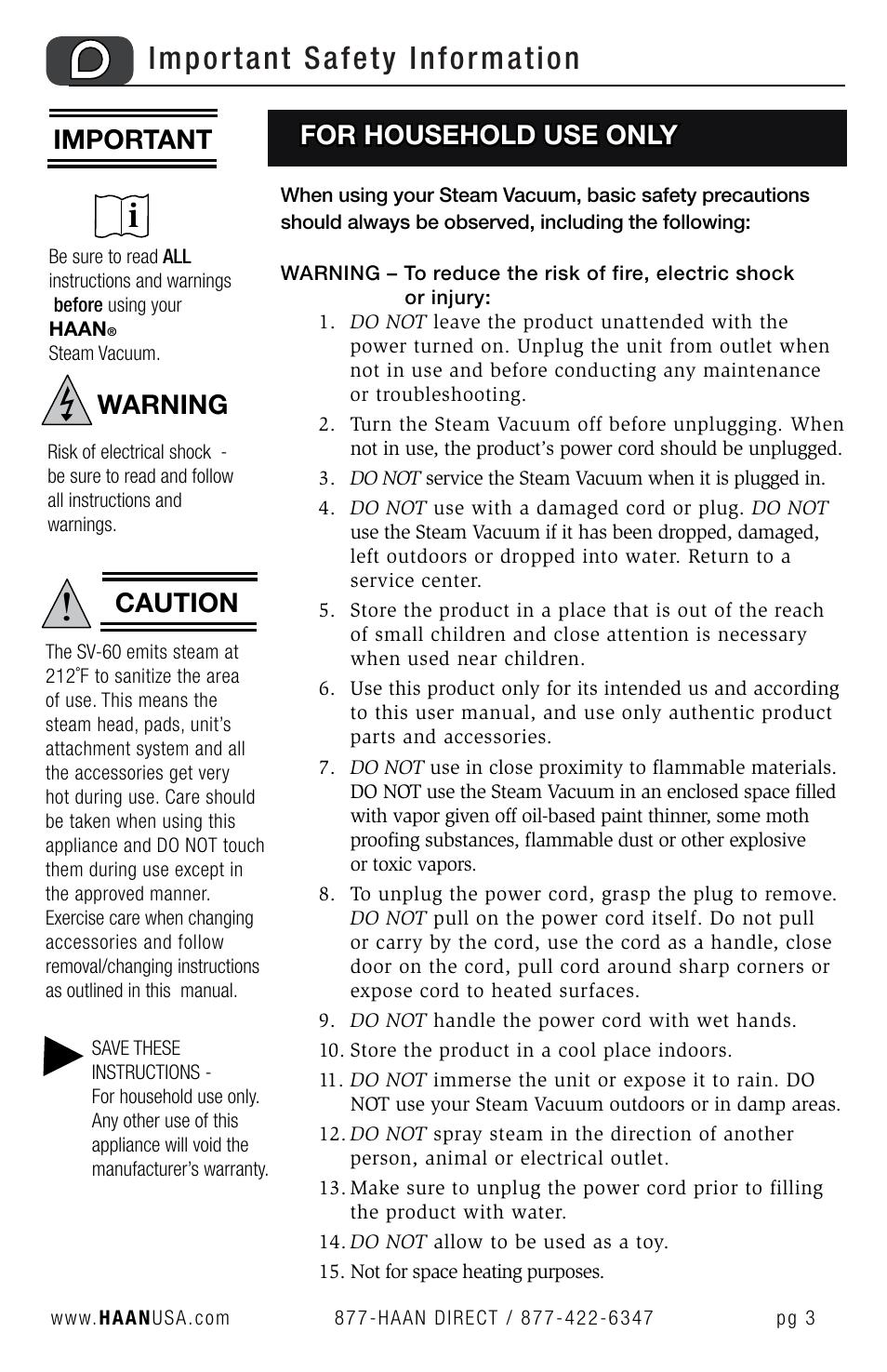 Important safety information, For household use only, Important | Caution, Warning | Haan SV-60 User Manual | Page 5 / 31
