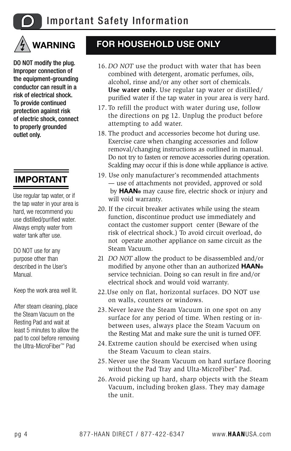 Important safety information, Warning, Important | For household use only | Haan SV-60 User Manual | Page 6 / 31