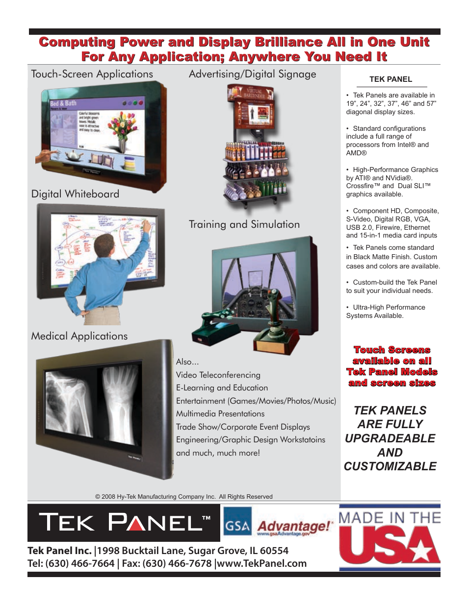 Tek panels are fully upgradeable and customizable, Touch-screen applications | Hy-Tek Manufacturing Tek Panel 460 User Manual | Page 2 / 2