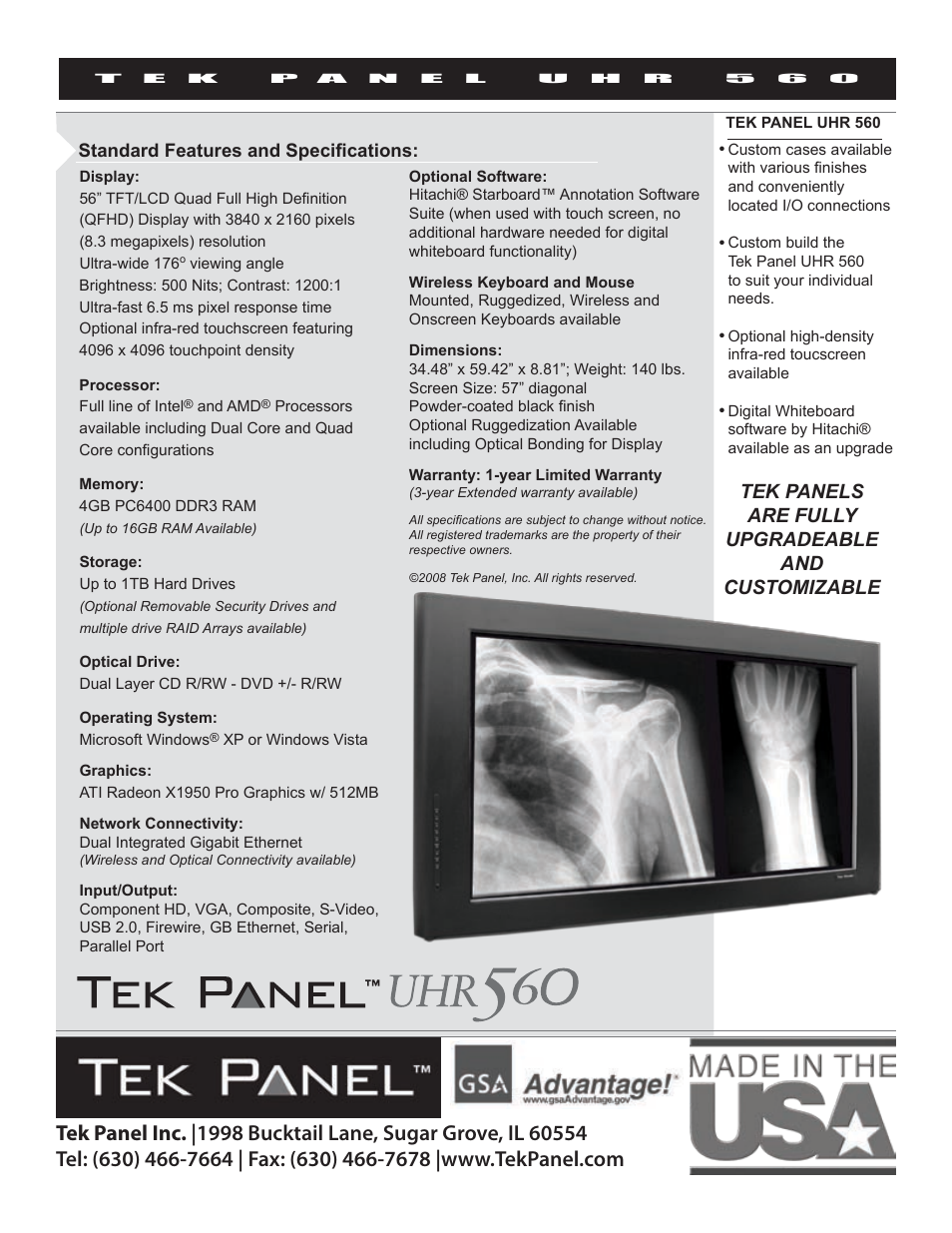Tek panels are fully upgradeable and customizable, Standard features and specifications | Hy-Tek Manufacturing Tek Panel UHR 560 User Manual | Page 2 / 2