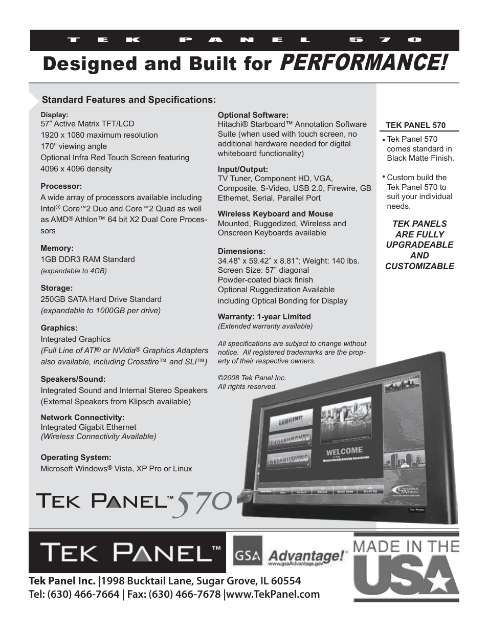 Performance, Designed and built for | Hy-Tek Manufacturing 57" TFT/LCD Tek Panel 570 User Manual | Page 2 / 2