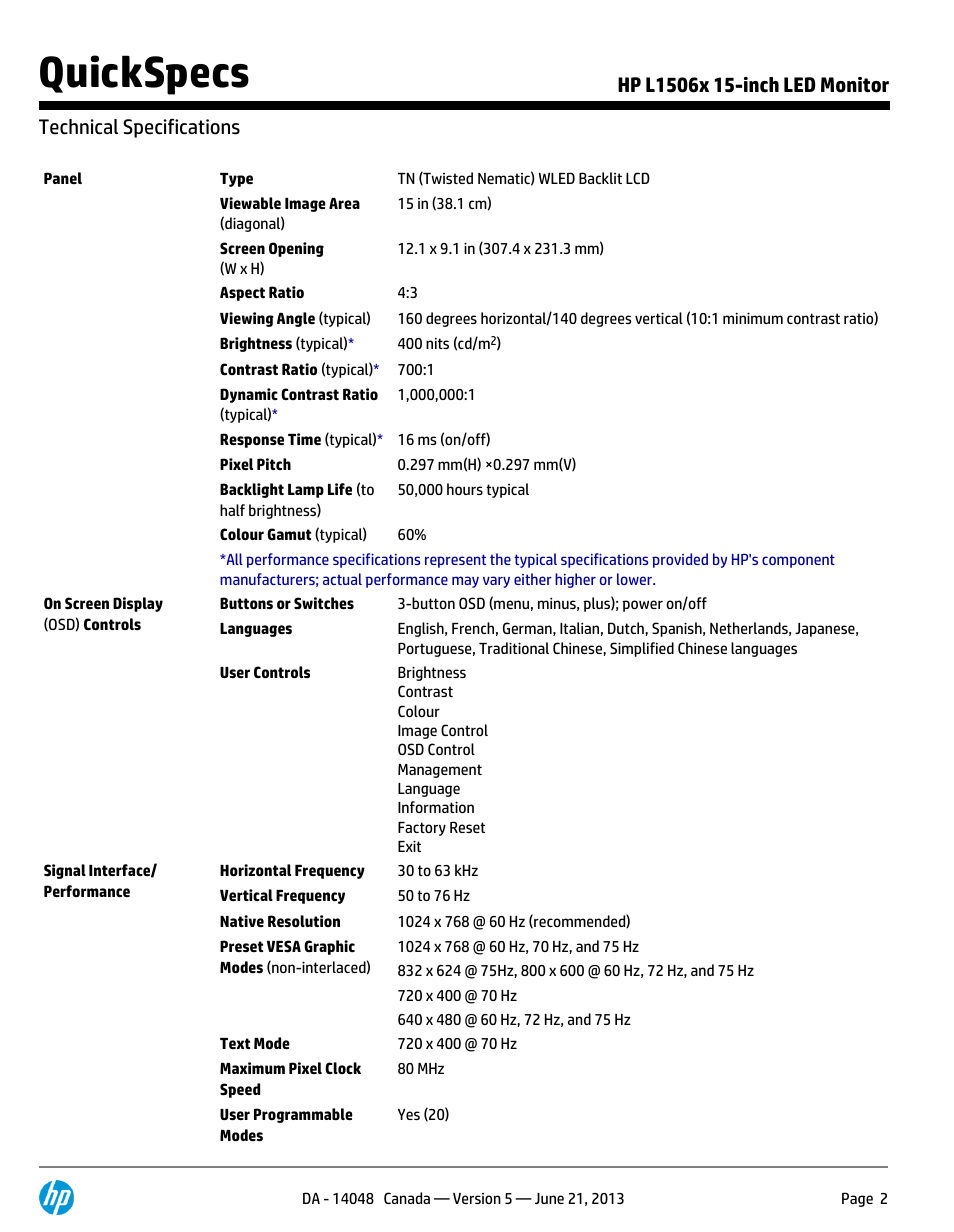 Technical specifications, Quickspecs | Hood L1506X User Manual | Page 2 / 7