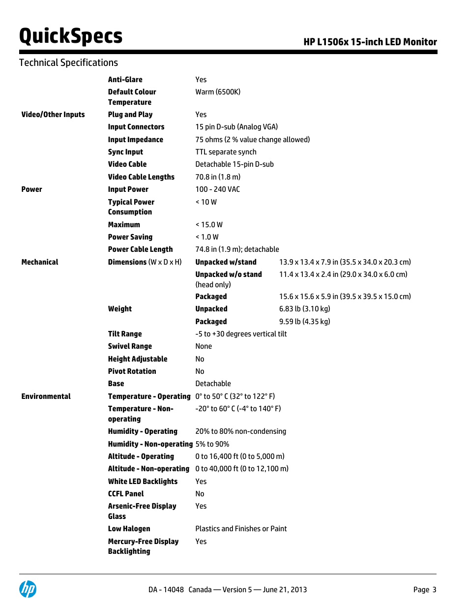 Quickspecs | Hood L1506X User Manual | Page 3 / 7