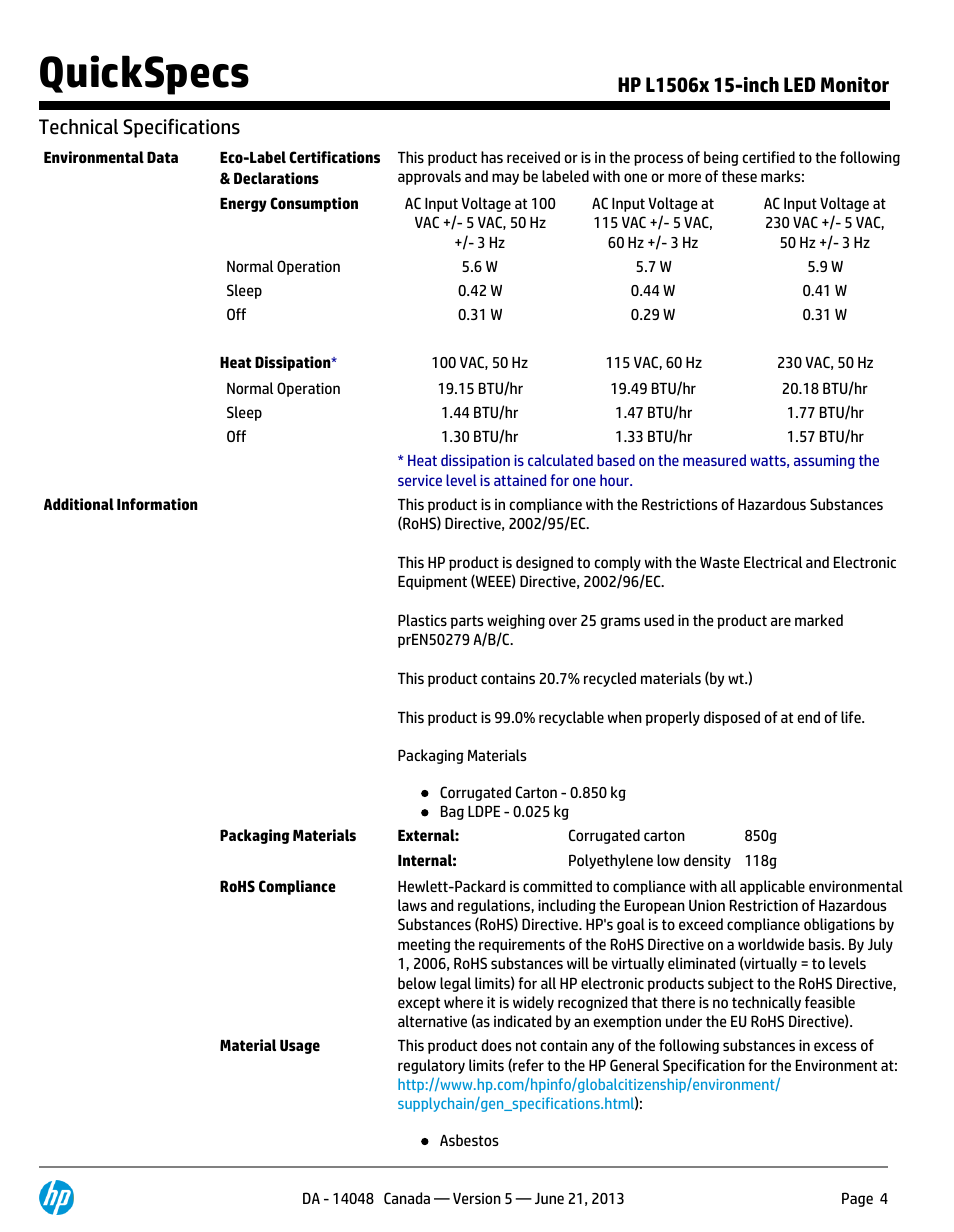 Quickspecs | Hood L1506X User Manual | Page 4 / 7