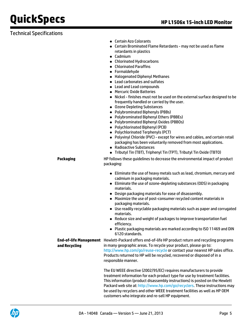 Quickspecs | Hood L1506X User Manual | Page 5 / 7