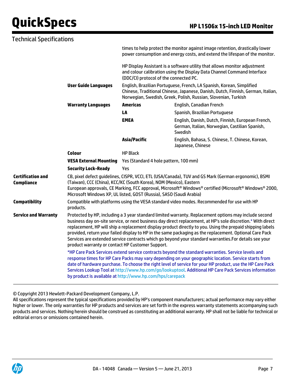 Quickspecs | Hood L1506X User Manual | Page 7 / 7