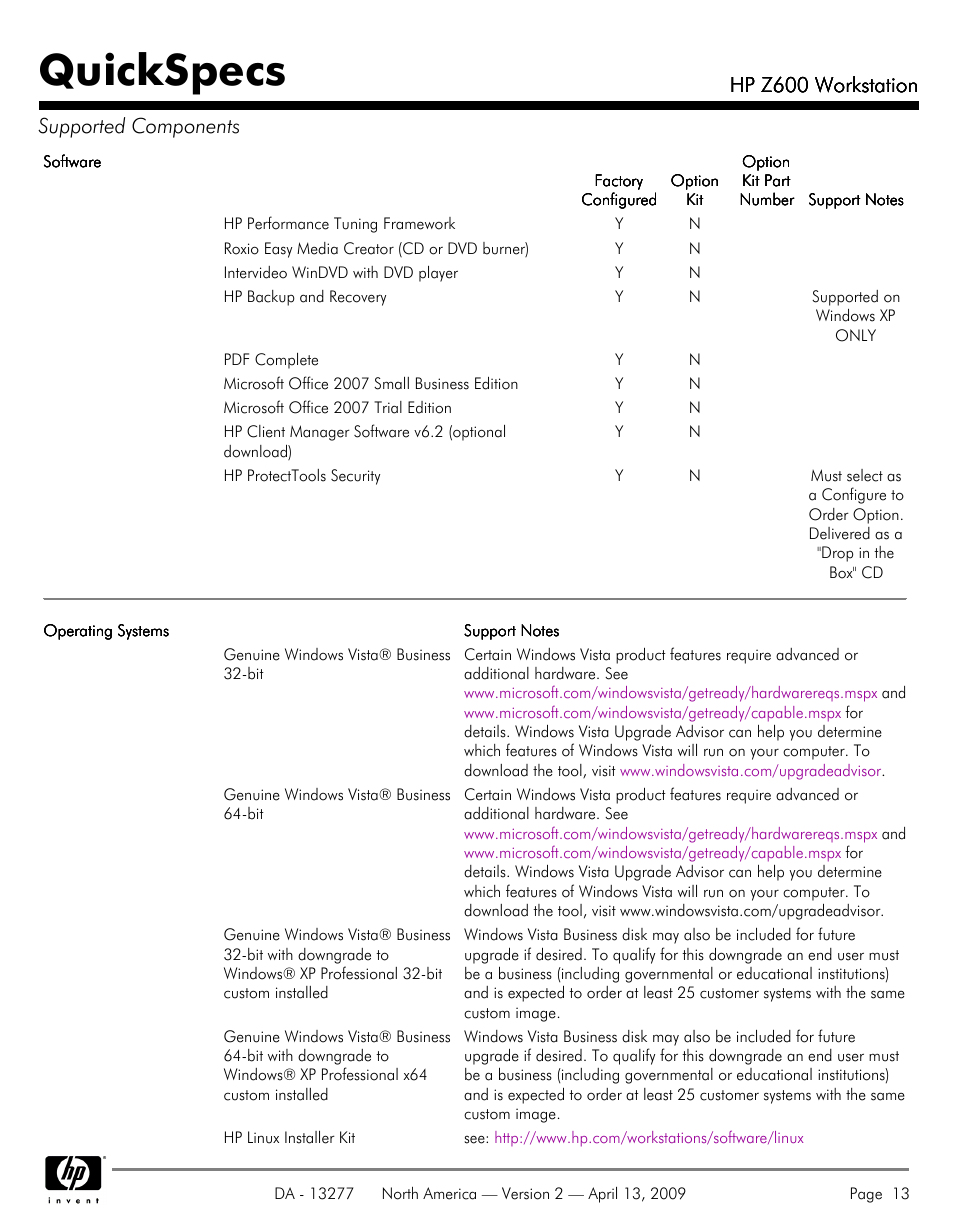 Quickspecs, Hp z600 workstation, Hp z600 workstation supported components | Hood WORKSTATION HP Z600 User Manual | Page 13 / 61