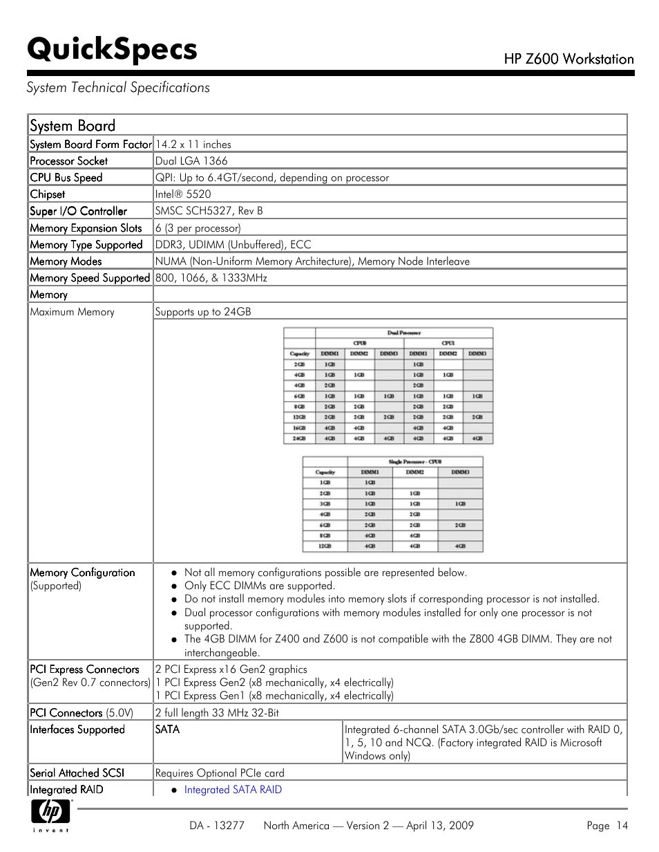 System technical specifications, Quickspecs, System board | Hood WORKSTATION HP Z600 User Manual | Page 14 / 61