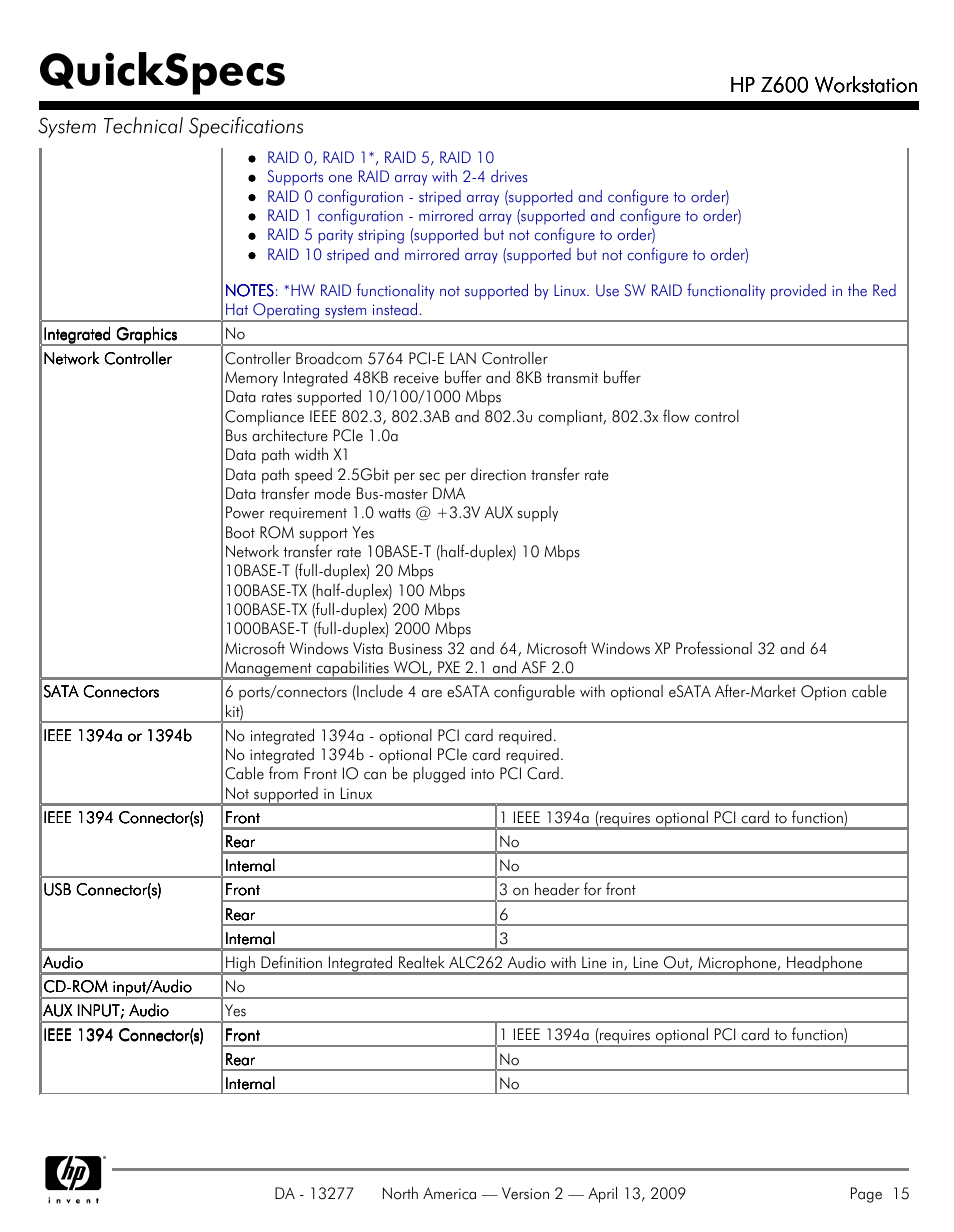 Quickspecs, Hp z600 workstation | Hood WORKSTATION HP Z600 User Manual | Page 15 / 61