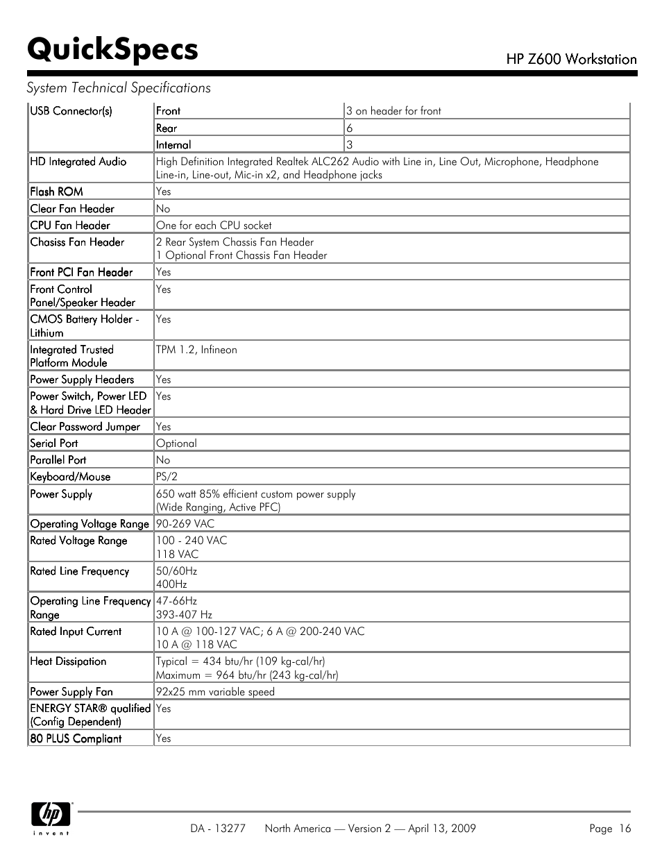 Quickspecs, Hp z600 workstation | Hood WORKSTATION HP Z600 User Manual | Page 16 / 61