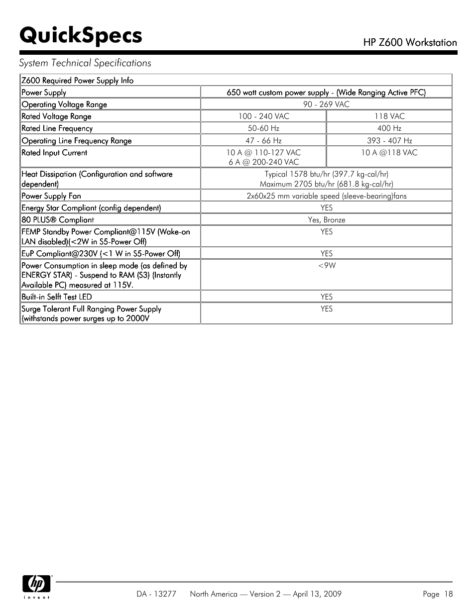 Quickspecs, Hp z600 workstation | Hood WORKSTATION HP Z600 User Manual | Page 18 / 61