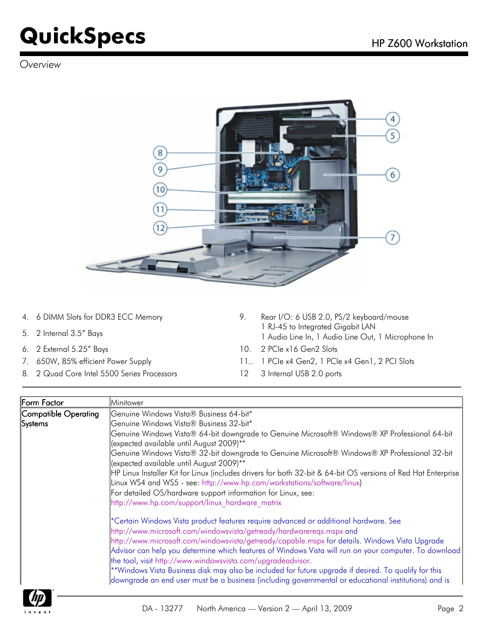 Quickspecs | Hood WORKSTATION HP Z600 User Manual | Page 2 / 61