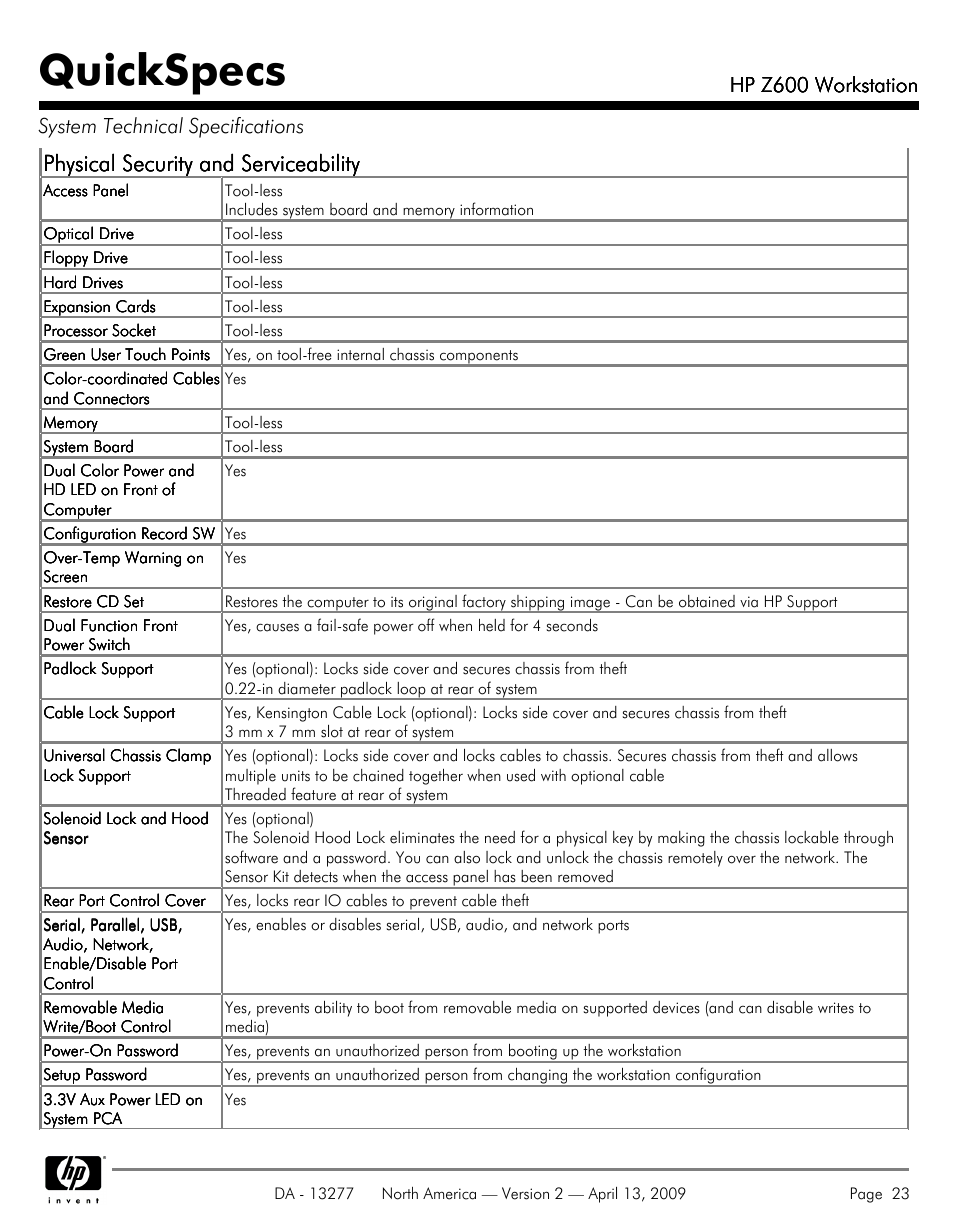 Quickspecs, Physical security and serviceability, Hp z600 workstation | Hood WORKSTATION HP Z600 User Manual | Page 23 / 61