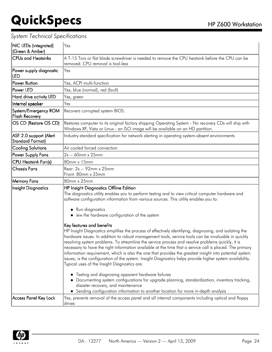 Quickspecs, Hp z600 workstation | Hood WORKSTATION HP Z600 User Manual | Page 24 / 61