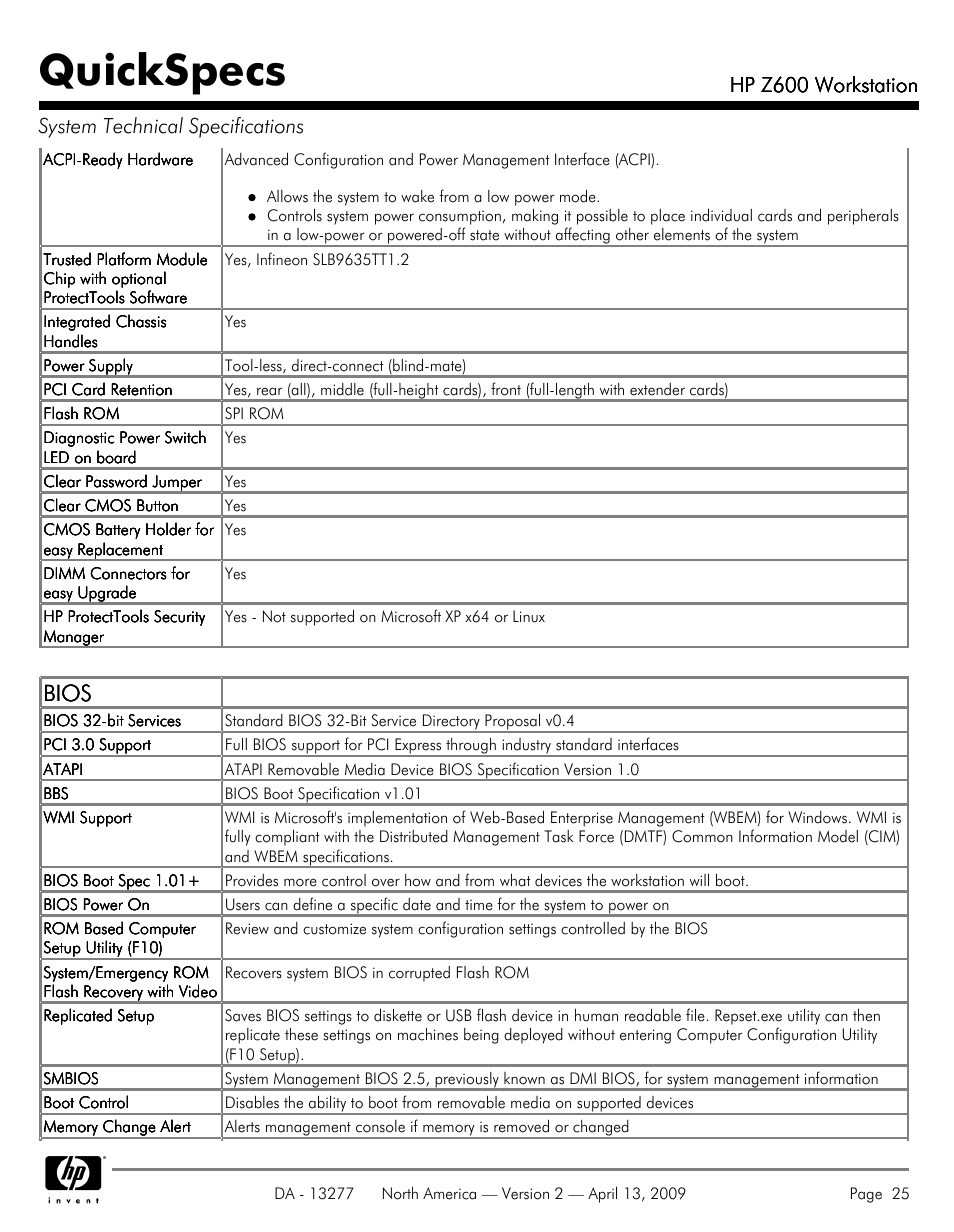 Quickspecs, Bios, Hp z600 workstation | Hood WORKSTATION HP Z600 User Manual | Page 25 / 61