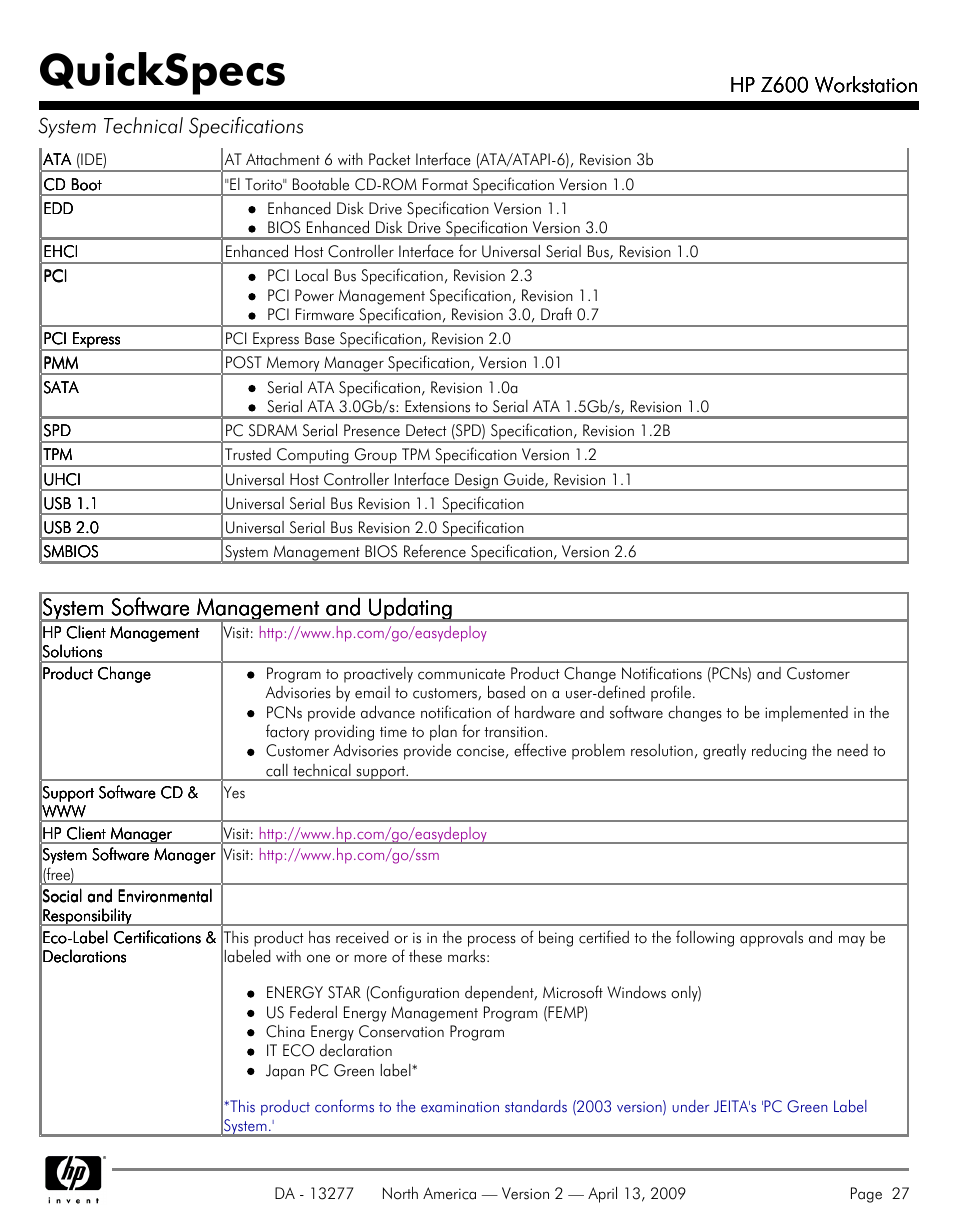 Quickspecs, System software management and updating, Hp z600 workstation | Hood WORKSTATION HP Z600 User Manual | Page 27 / 61