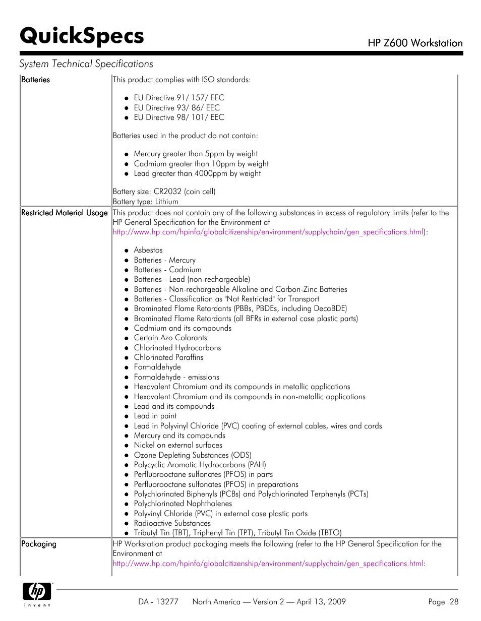 Quickspecs | Hood WORKSTATION HP Z600 User Manual | Page 28 / 61