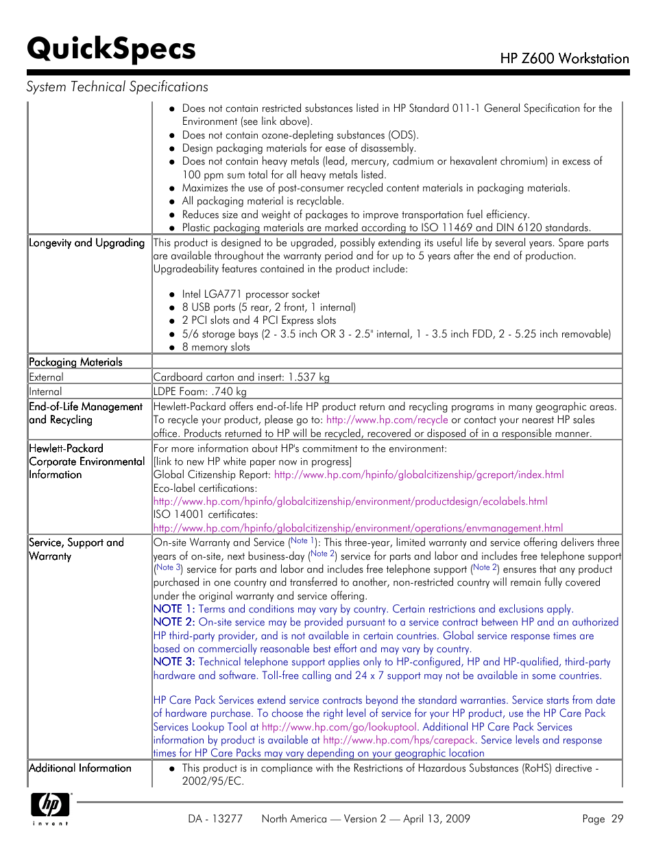 Quickspecs, Hp z600 workstation | Hood WORKSTATION HP Z600 User Manual | Page 29 / 61