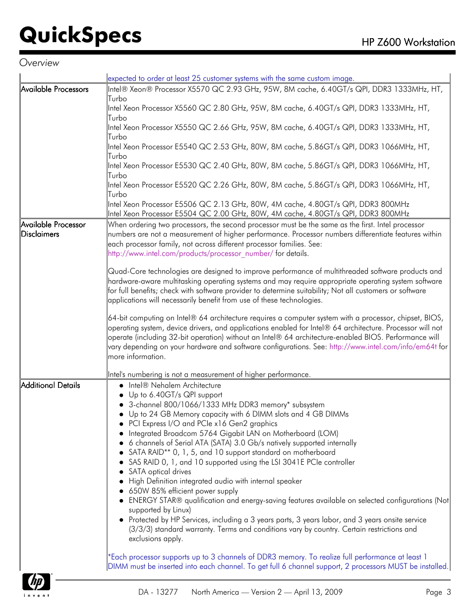 Quickspecs | Hood WORKSTATION HP Z600 User Manual | Page 3 / 61