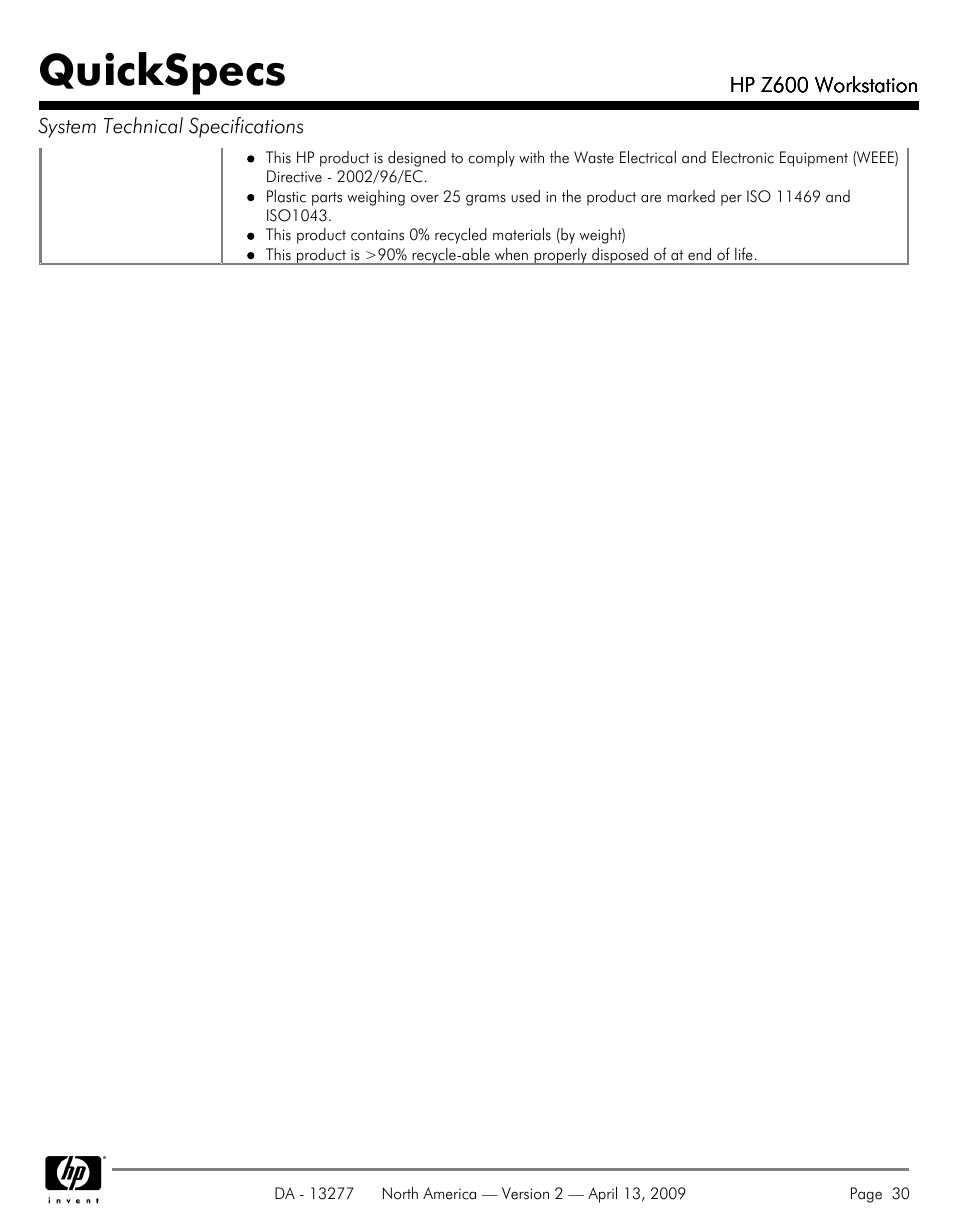 Quickspecs | Hood WORKSTATION HP Z600 User Manual | Page 30 / 61
