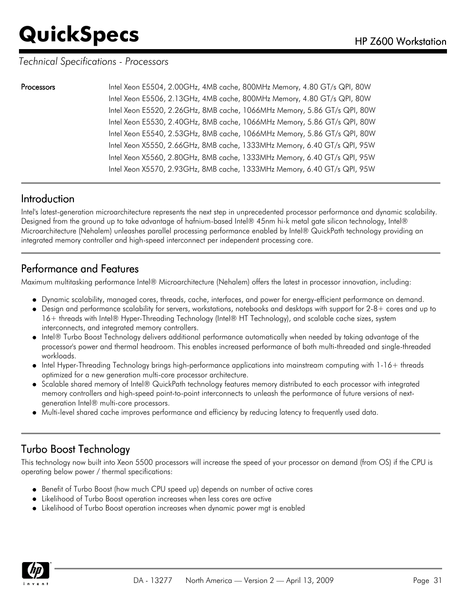 Technical specifications - processors, Quickspecs | Hood WORKSTATION HP Z600 User Manual | Page 31 / 61