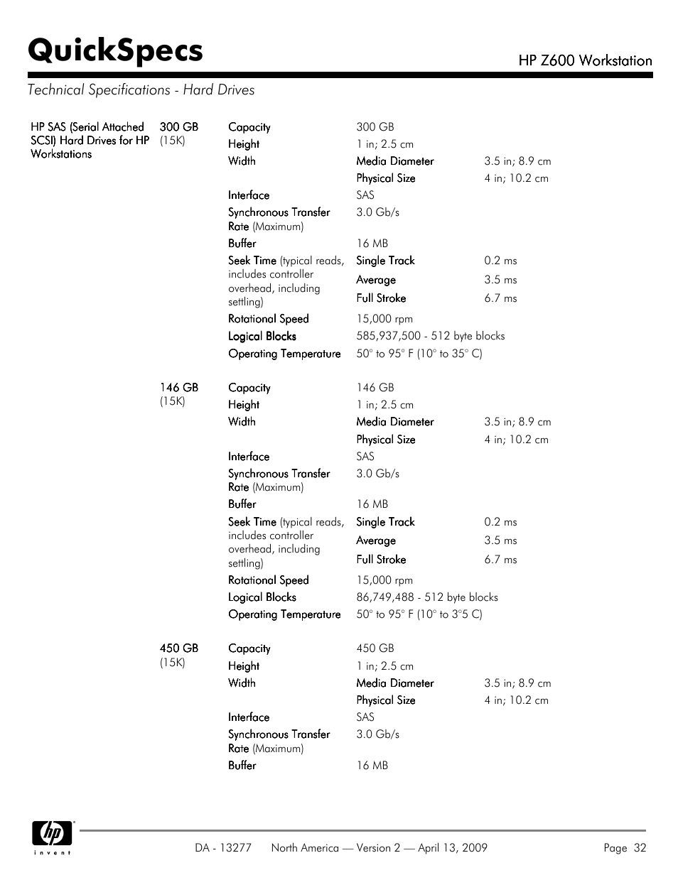 Technical specifications - hard drives, Quickspecs, Hp z600 workstation | Hood WORKSTATION HP Z600 User Manual | Page 32 / 61