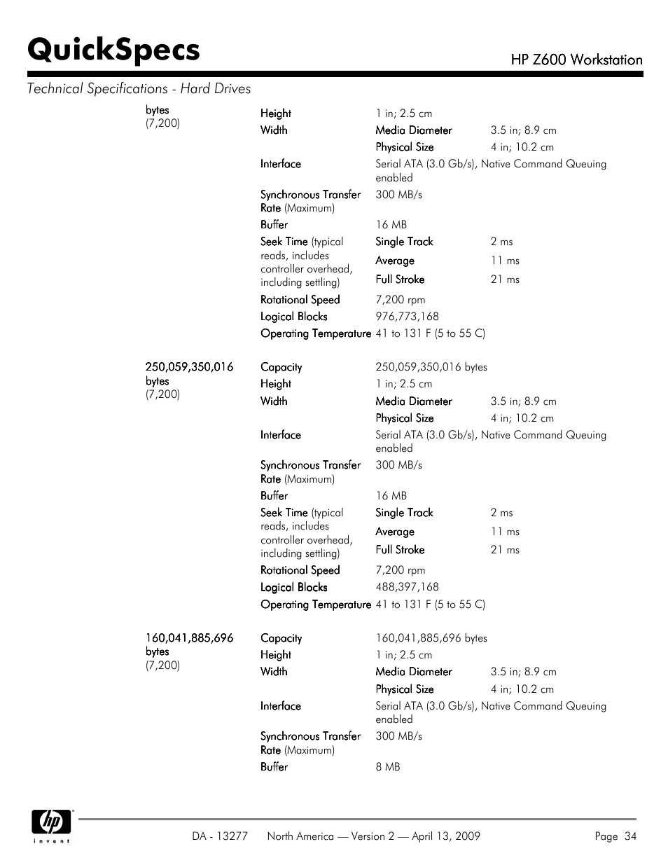 Quickspecs, Hp z600 workstation | Hood WORKSTATION HP Z600 User Manual | Page 34 / 61