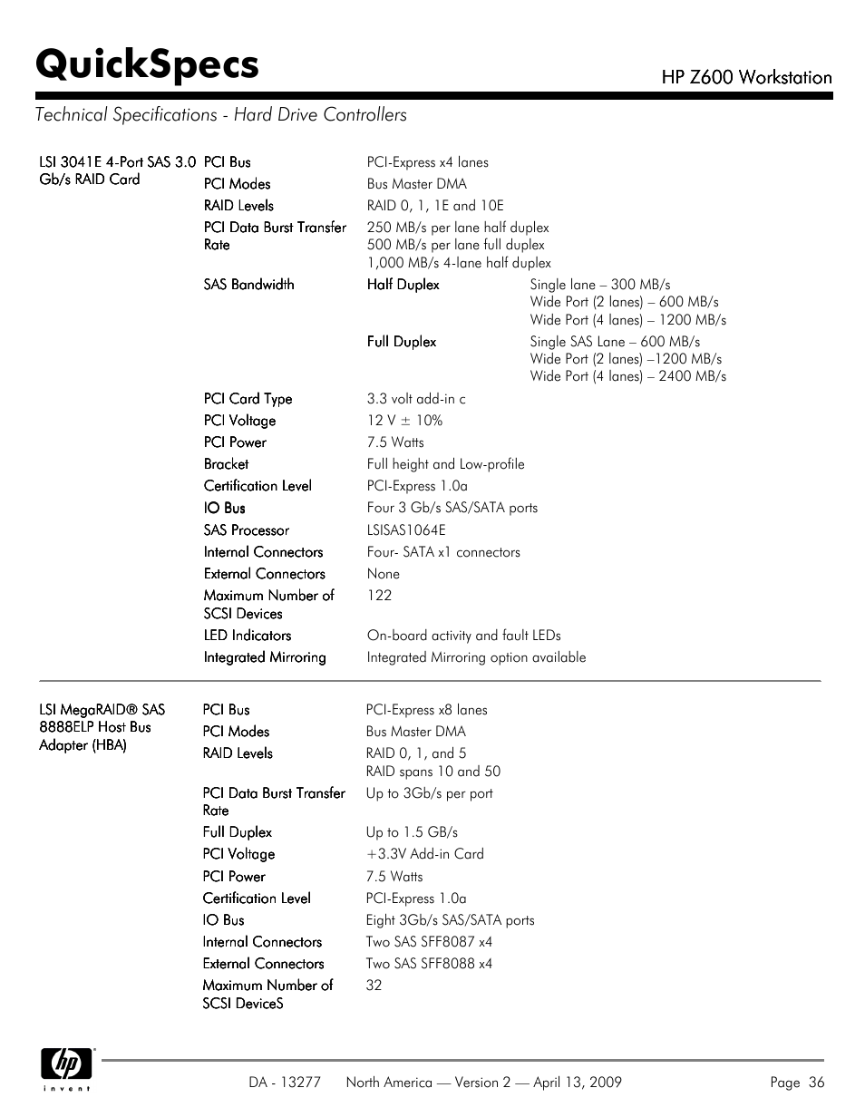 Technical specifications - hard drive controllers, Quickspecs, Hp z600 workstation | Hood WORKSTATION HP Z600 User Manual | Page 36 / 61