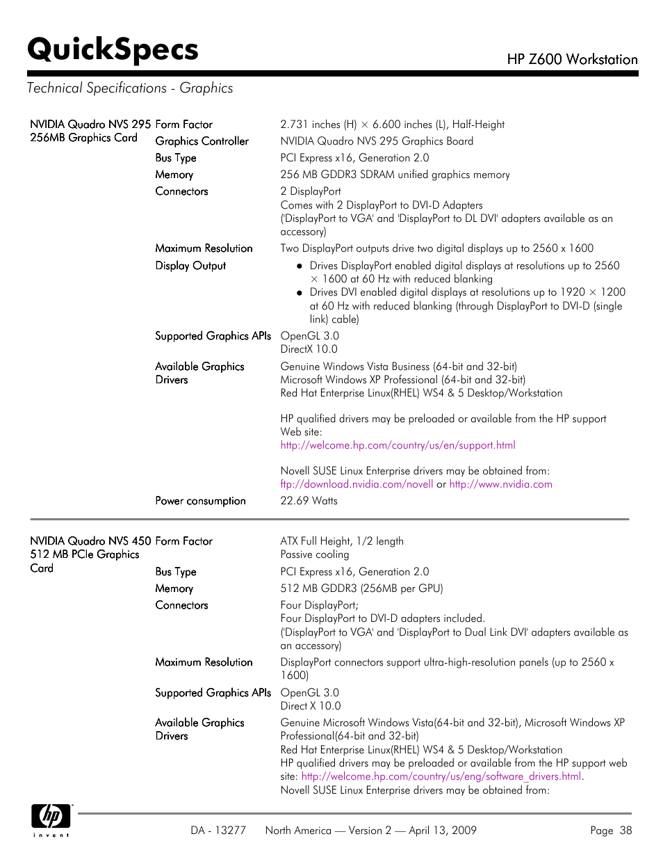 Technical specifications - graphics, Quickspecs, Hp z600 workstation | Hood WORKSTATION HP Z600 User Manual | Page 38 / 61