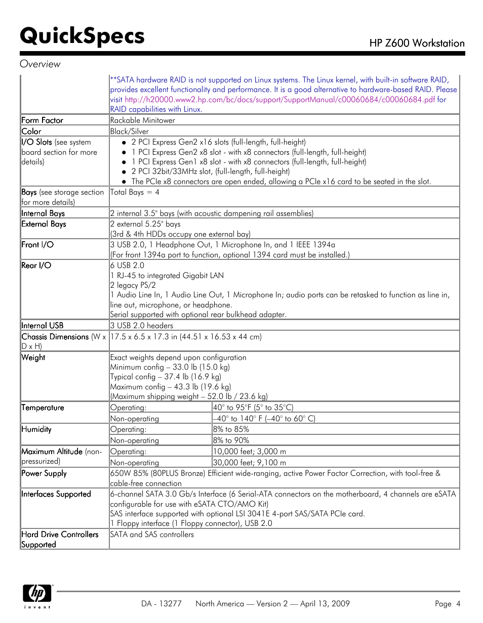 Quickspecs, Hp z600 workstation, Hp z600 workstation overview | Hood WORKSTATION HP Z600 User Manual | Page 4 / 61