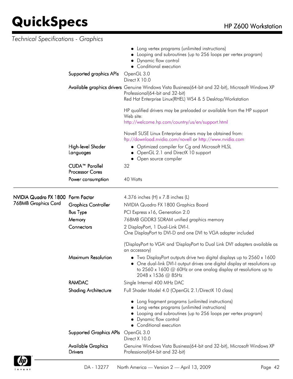Quickspecs, Hp z600 workstation | Hood WORKSTATION HP Z600 User Manual | Page 42 / 61