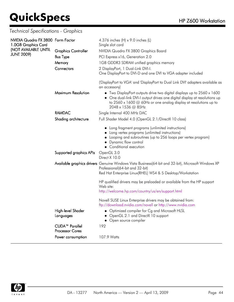 Quickspecs, Hp z600 workstation | Hood WORKSTATION HP Z600 User Manual | Page 44 / 61