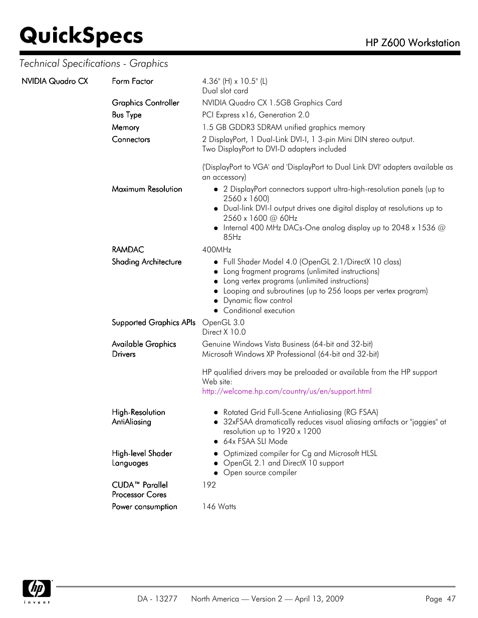 Quickspecs, Hp z600 workstation | Hood WORKSTATION HP Z600 User Manual | Page 47 / 61