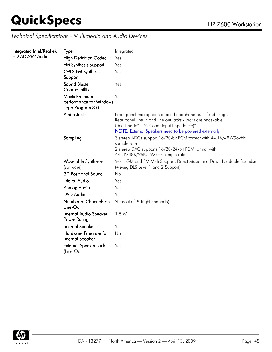 Quickspecs, Hp z600 workstation | Hood WORKSTATION HP Z600 User Manual | Page 48 / 61