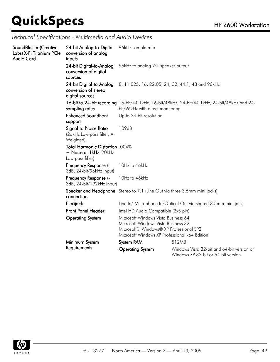 Quickspecs, Hp z600 workstation | Hood WORKSTATION HP Z600 User Manual | Page 49 / 61