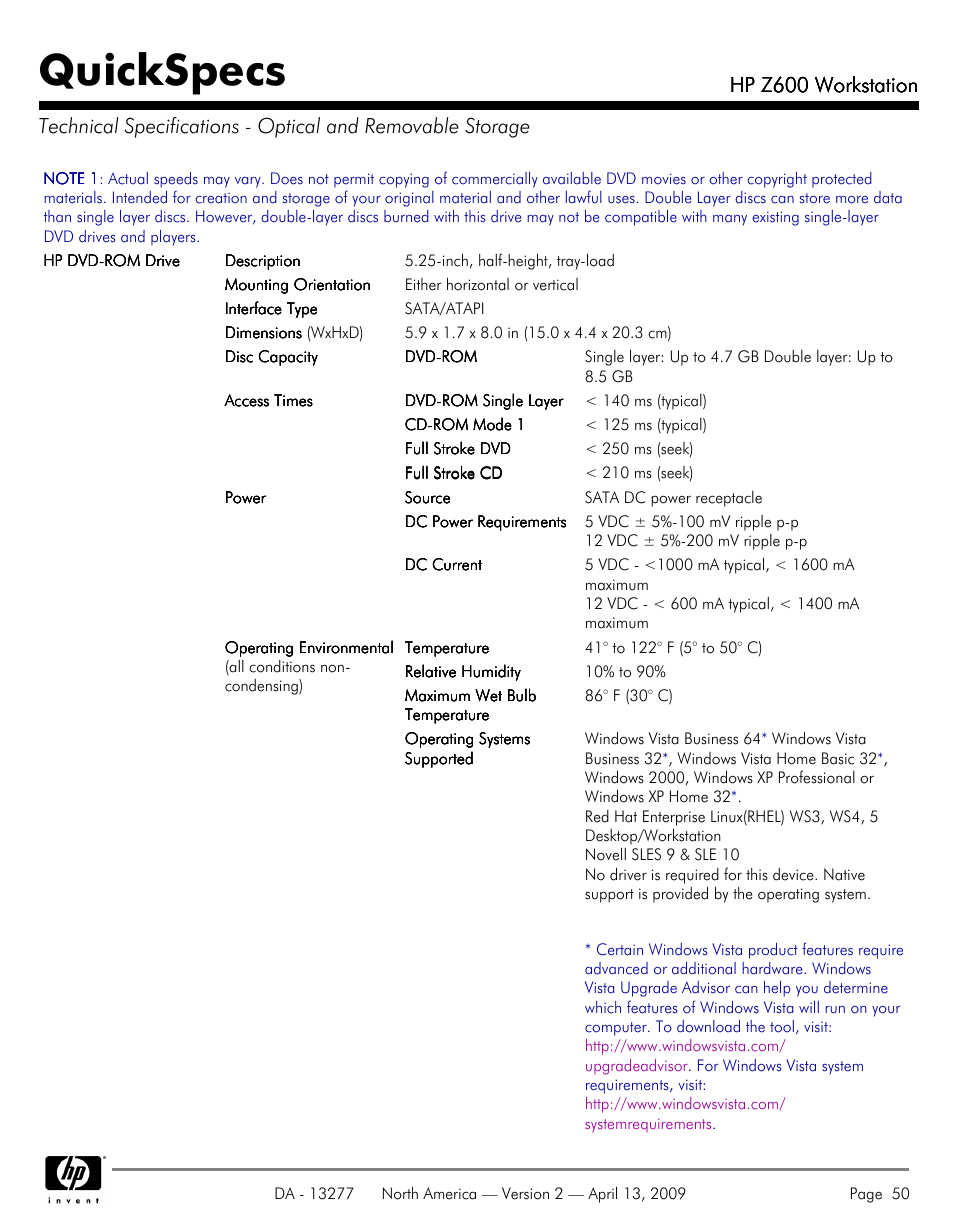 Quickspecs, Hp z600 workstation | Hood WORKSTATION HP Z600 User Manual | Page 50 / 61